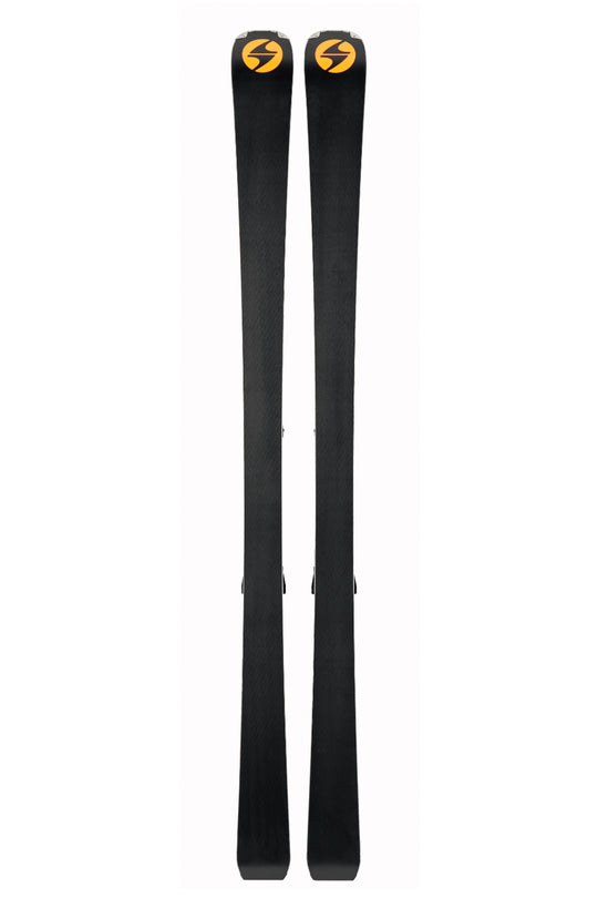black ski bases with yellow logos on a white background