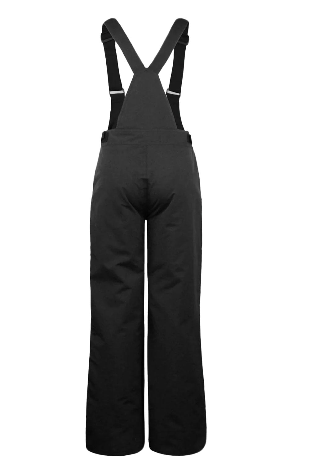 Black snow pants with suspenders on a white background