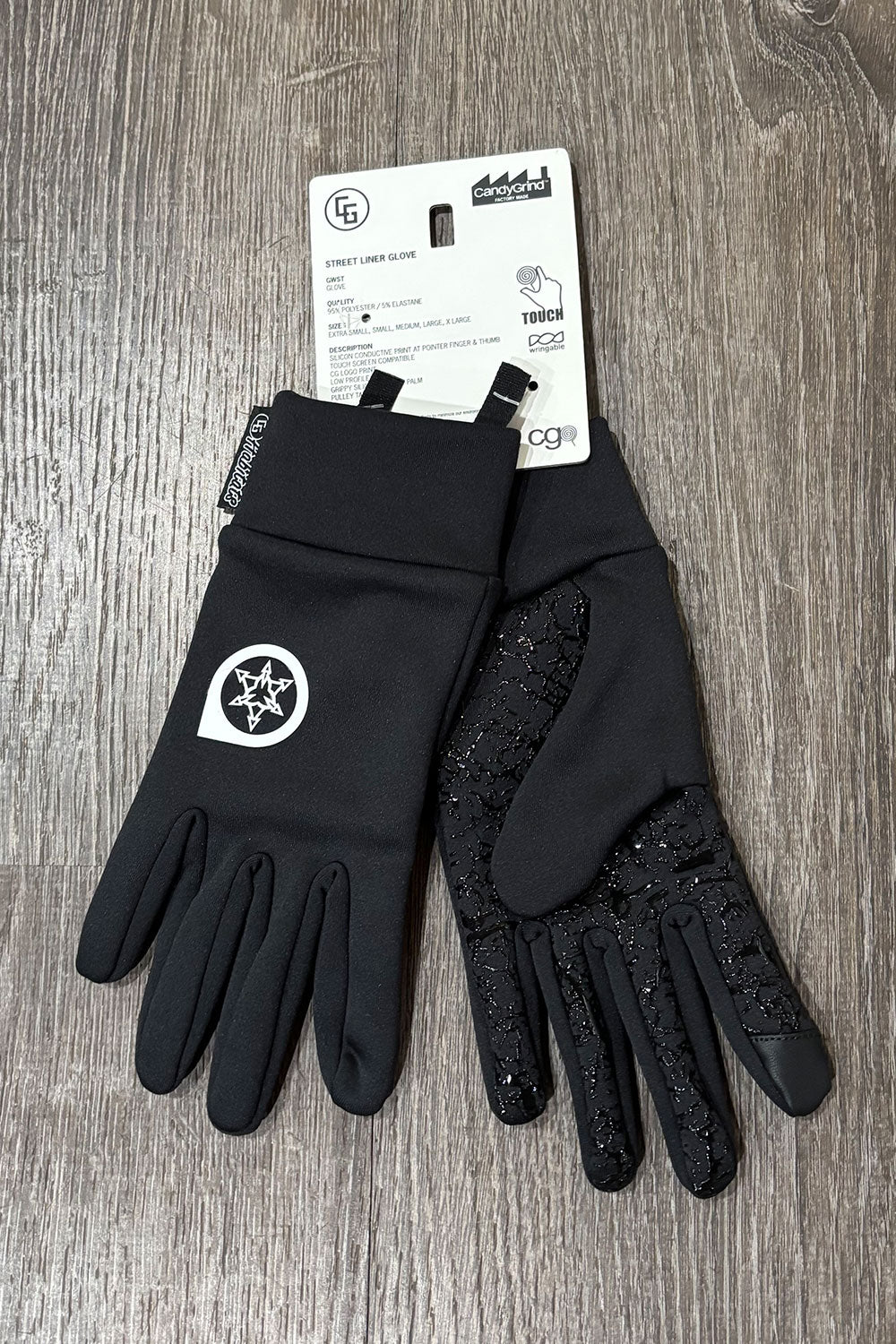 black liner glove with white logo