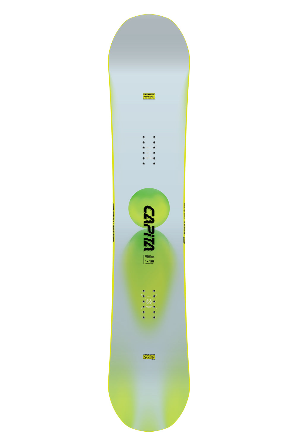 Snowboard with a gradient design and visible brand logo on a white background