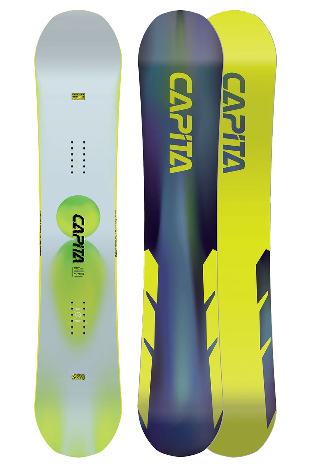 Two CAPiTA snowboards, one with a white and green design and the other with a blue and yellow design, on a white background.