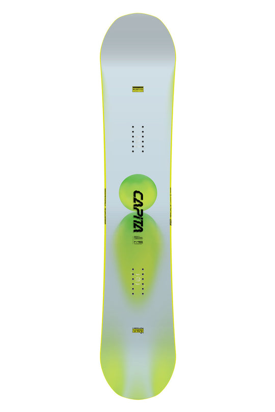 Snowboard with a gradient design and visible brand logo on a white background