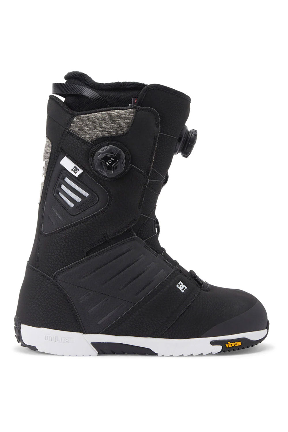 Black DC snowboard boot with gray accents