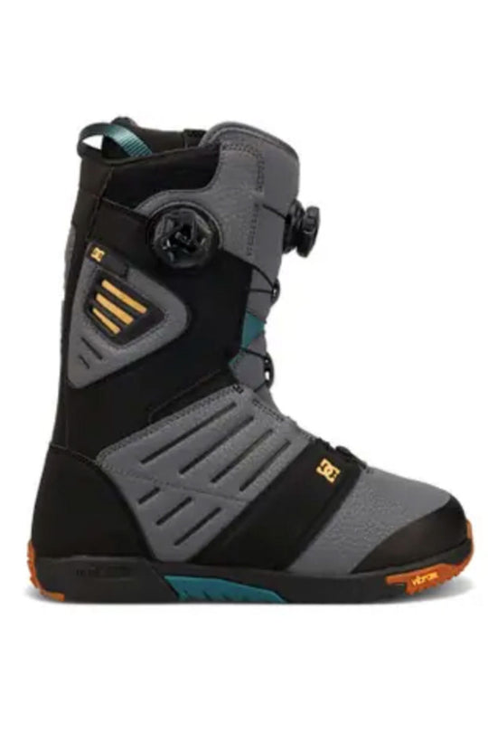 Black and gray snowboard boot with orange & teal accents on a white background