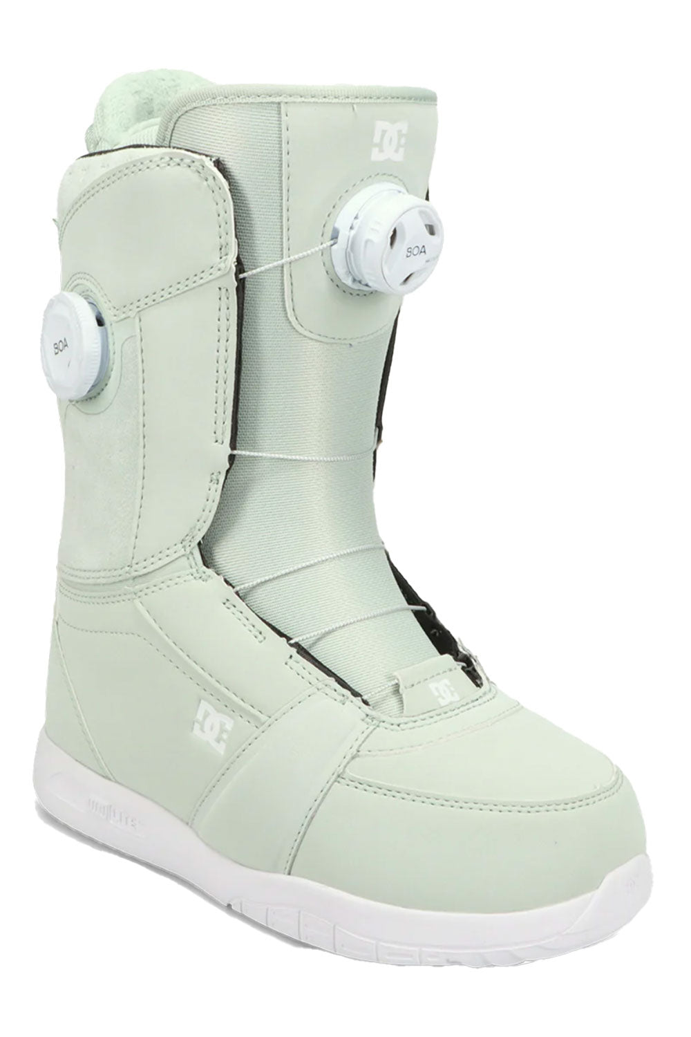 Light green snowboard boot with white accents on a white background