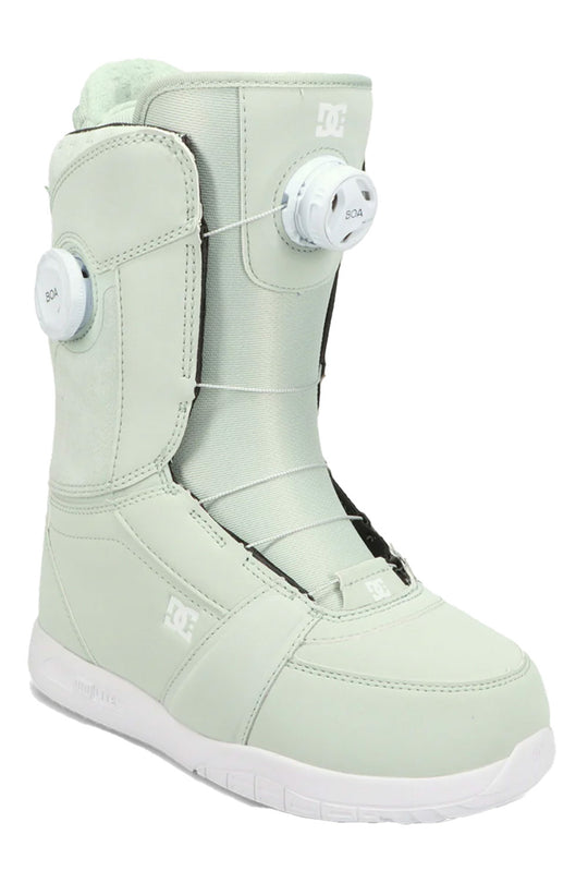 Light green snowboard boot with white accents on a white background