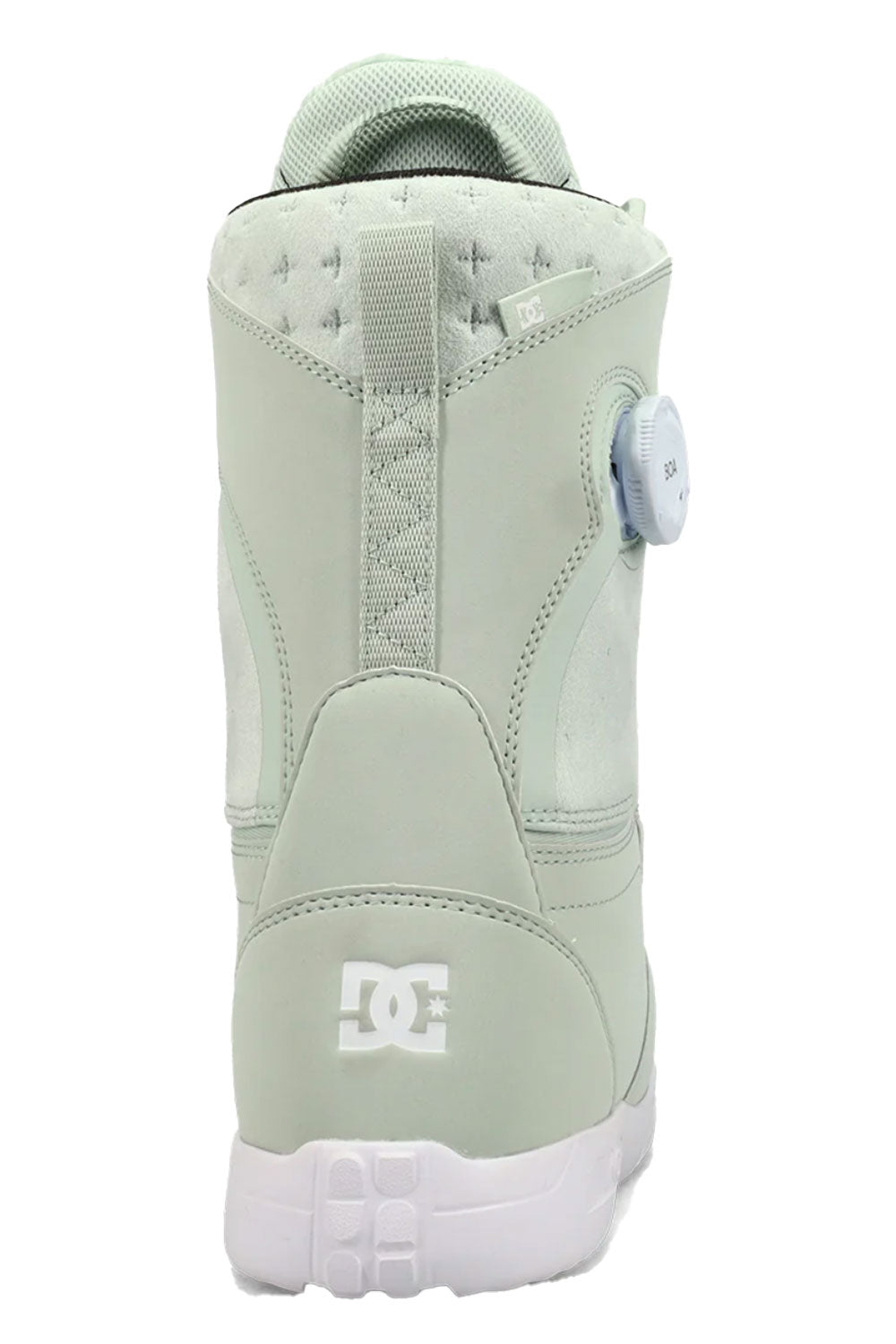 Light green snowboard boot with white sole on a white background