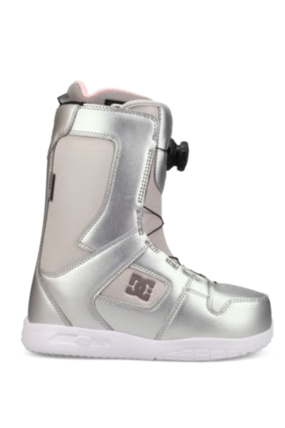 Silver snowboard boot with DC logo on a white background