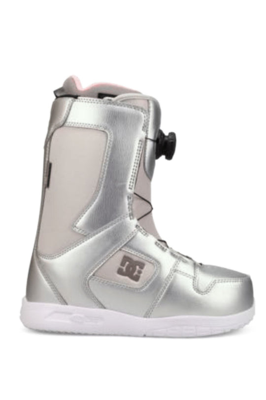 Silver snowboard boot with DC logo on a white background