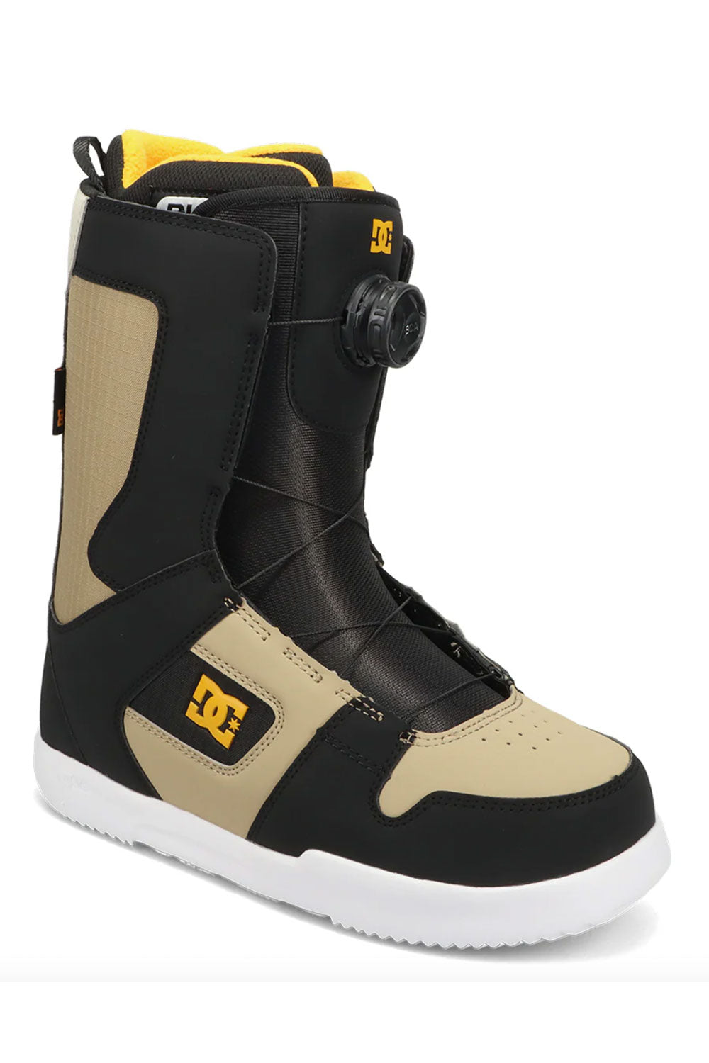 Black and beige snowboard boot with DC logo on a white background