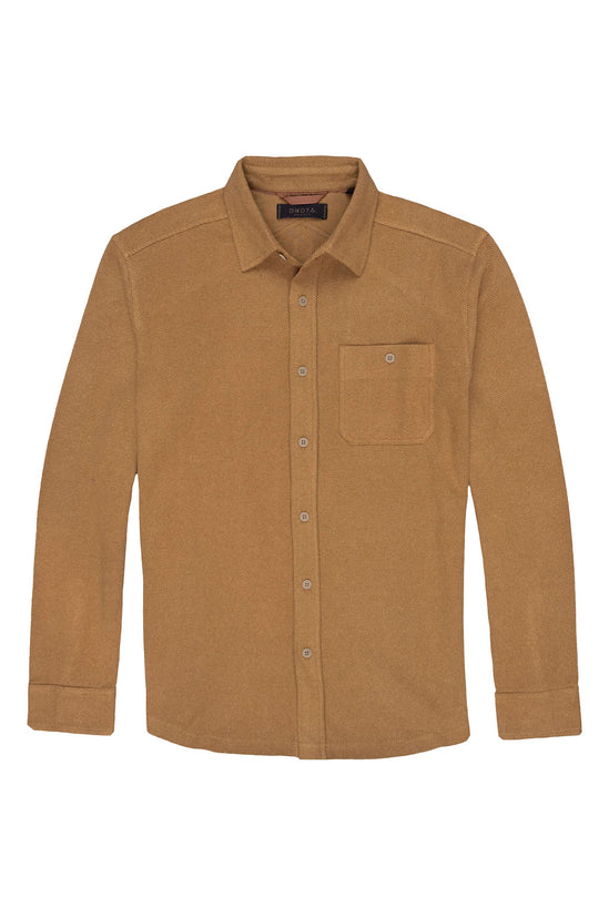 Brown button-up shirt on a white background