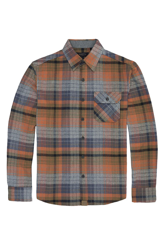 Plaid shirt with orange, blue, and gray pattern on a white background