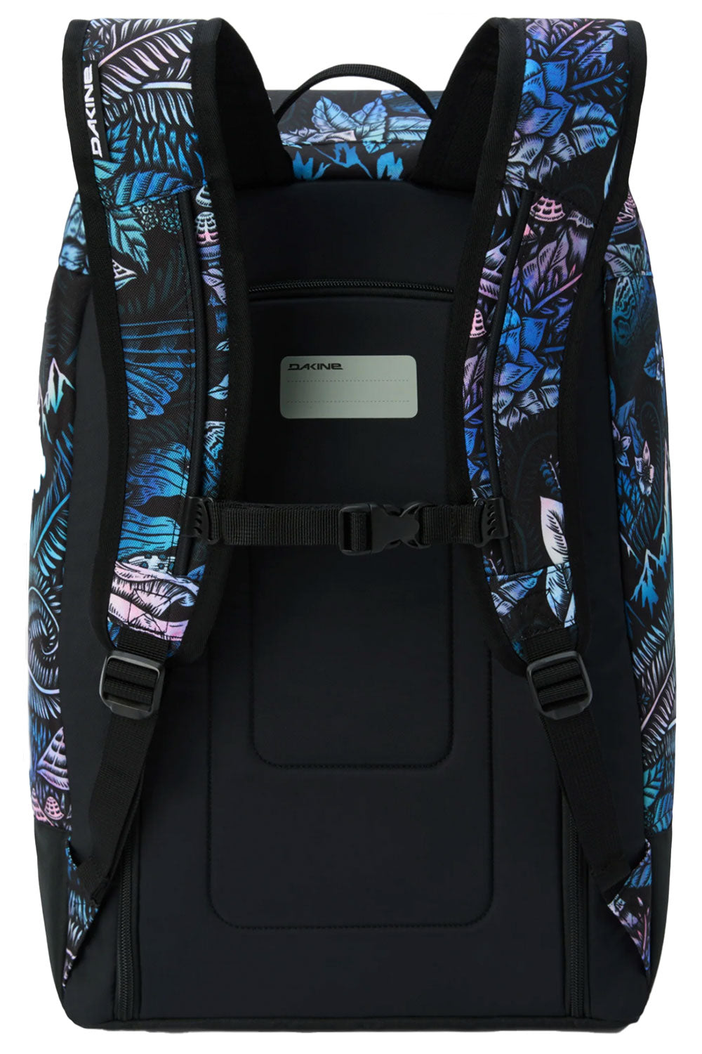 Backpack with blue butterfly pattern on straps and black back panel