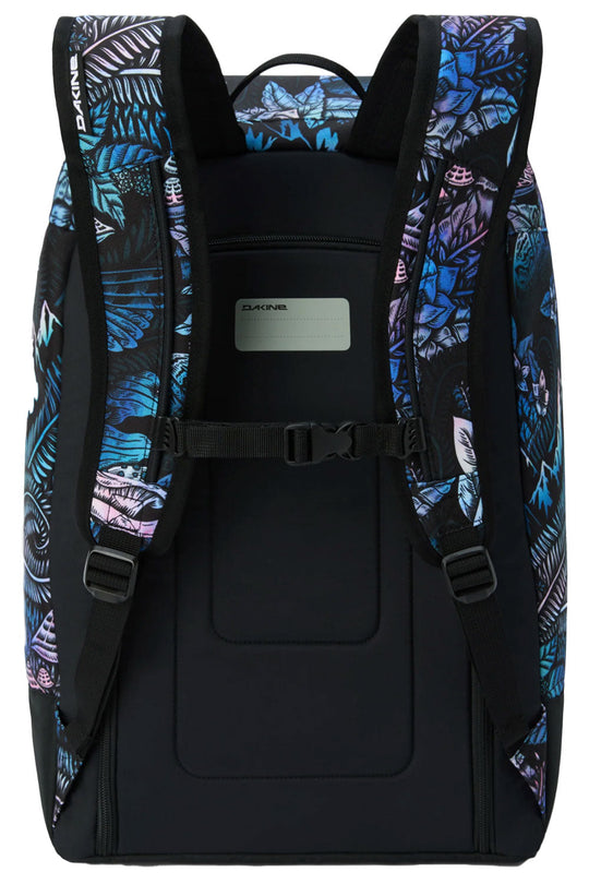 Backpack with blue butterfly pattern on straps and black back panel