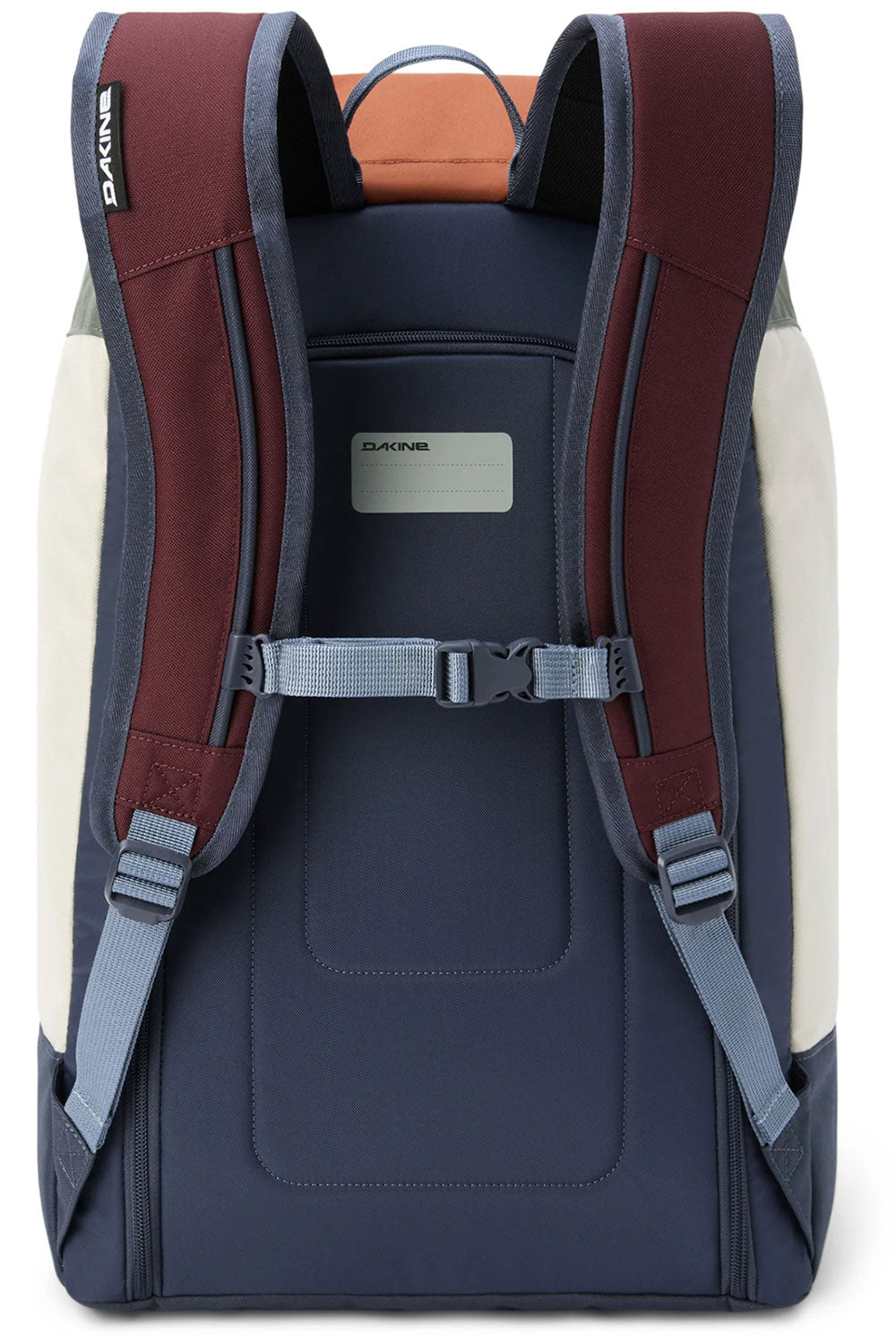 Back view of a backpack with visible brand logo on a white background