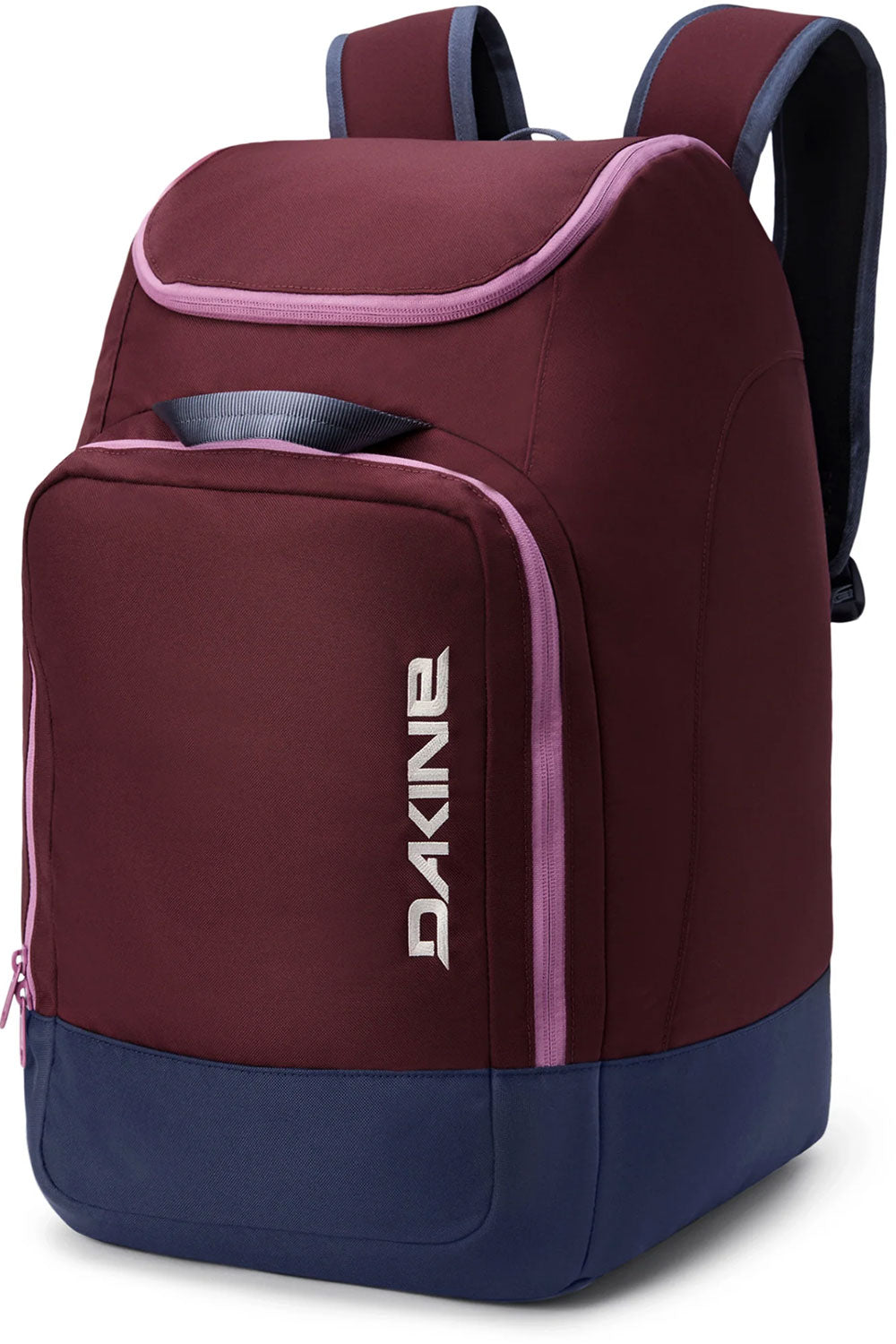 Maroon and navy backpack with pink accents on a white background