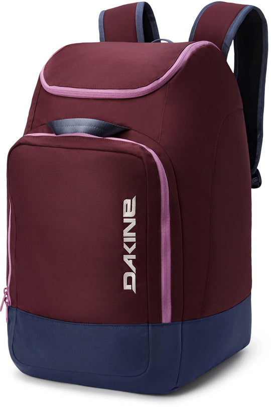 Maroon and navy backpack with pink accents on a white background