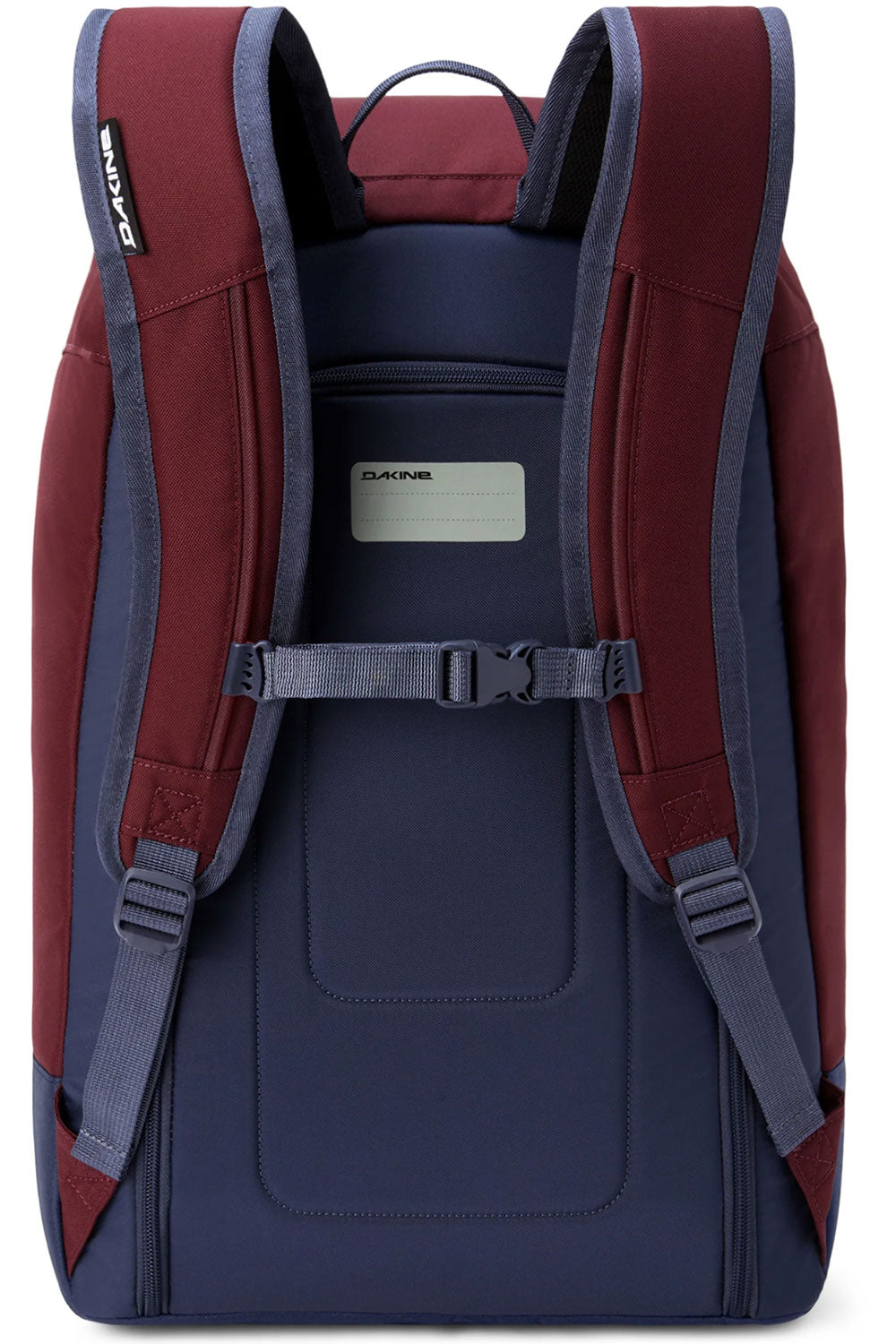 Back view of a red and navy backpack with visible Zaino branding.