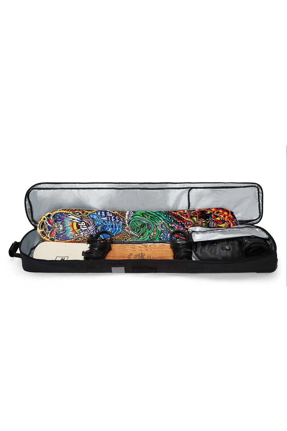 Skateboard with colorful design inside an open black carrying case on a white background