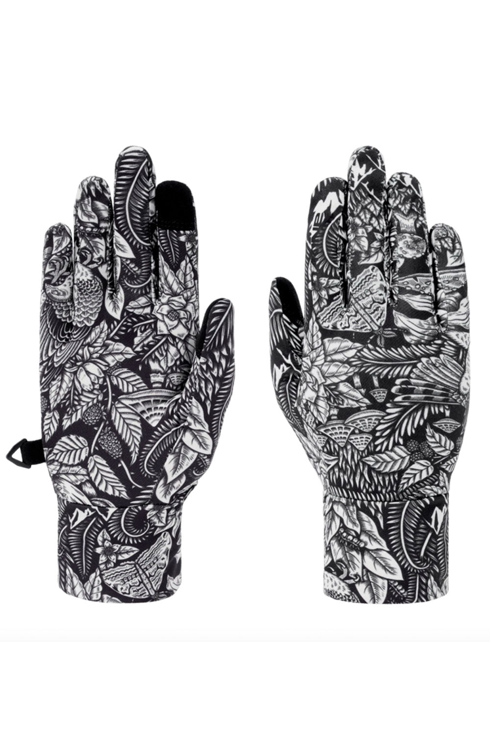 Pair of gloves with black and white floral pattern on a white background