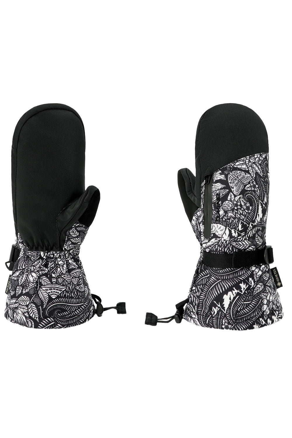 Pair of black and white patterned mittens on a white background