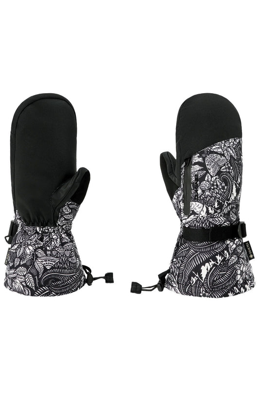 Pair of black and white patterned mittens on a white background