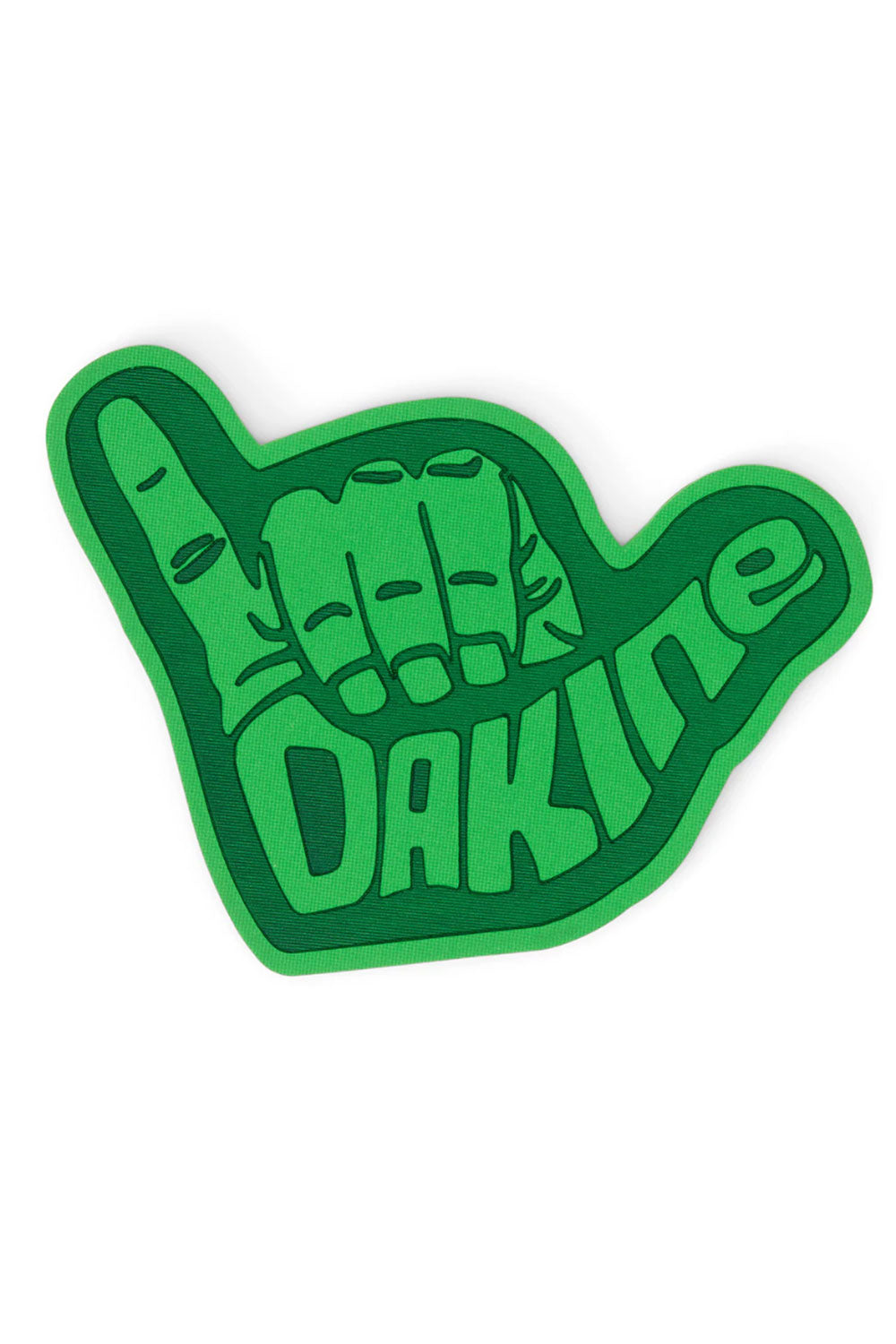 Green foam finger with 'Dakine' text on a white background