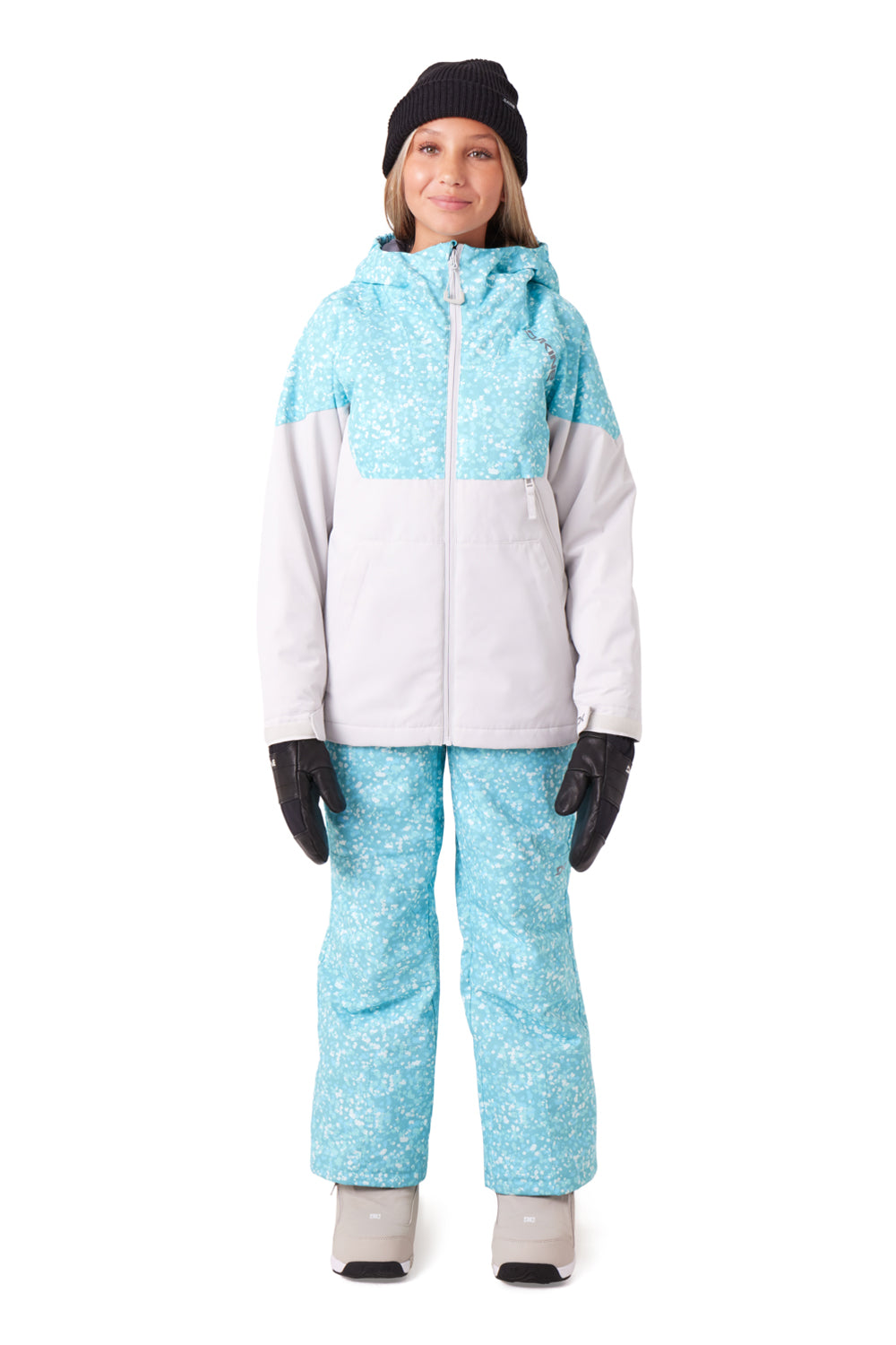 girls' Dakine Siphone ski/snowboard jacket, light blue paint splatter pattern and white