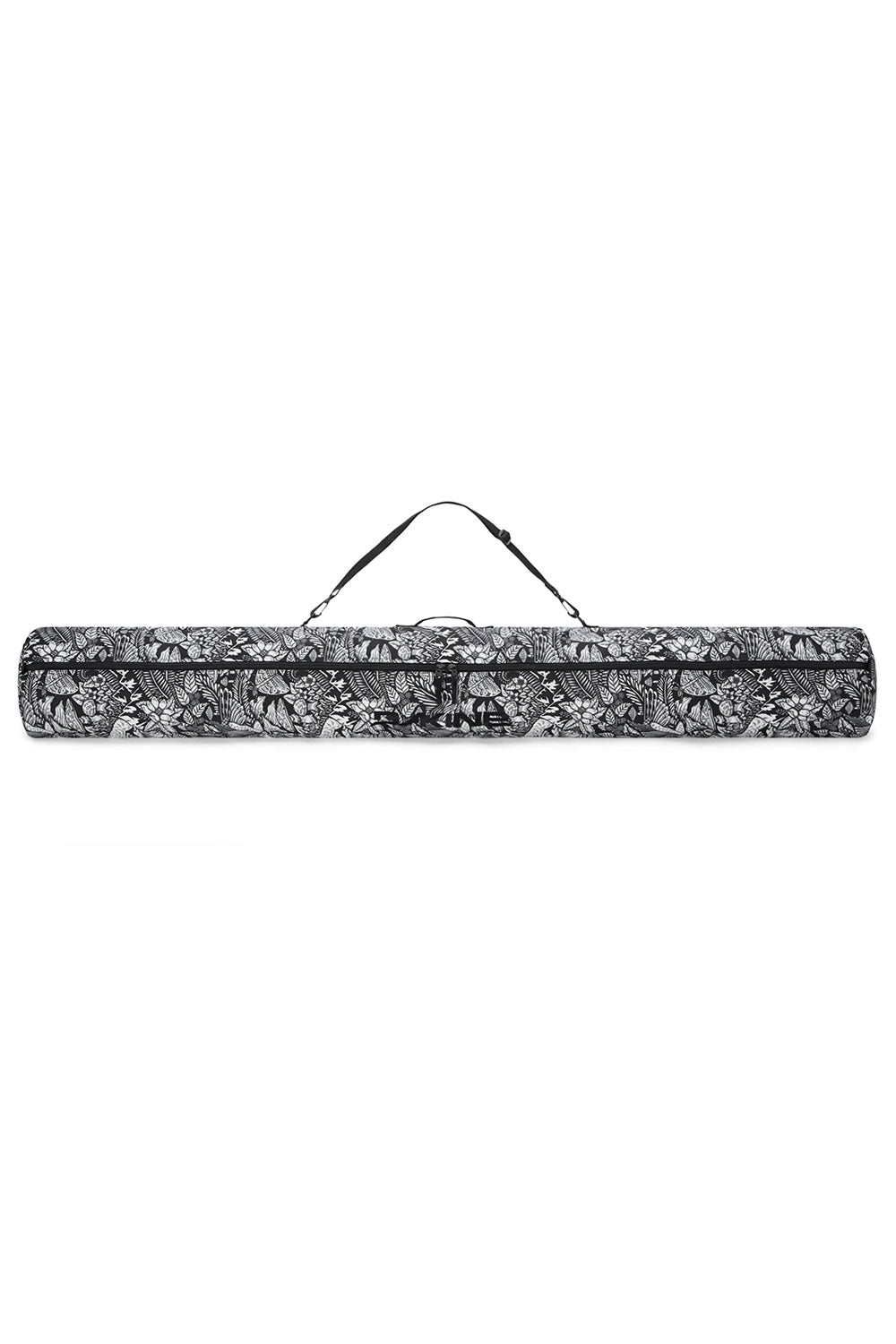 Black and white patterned yoga mat with carrying strap on a white background