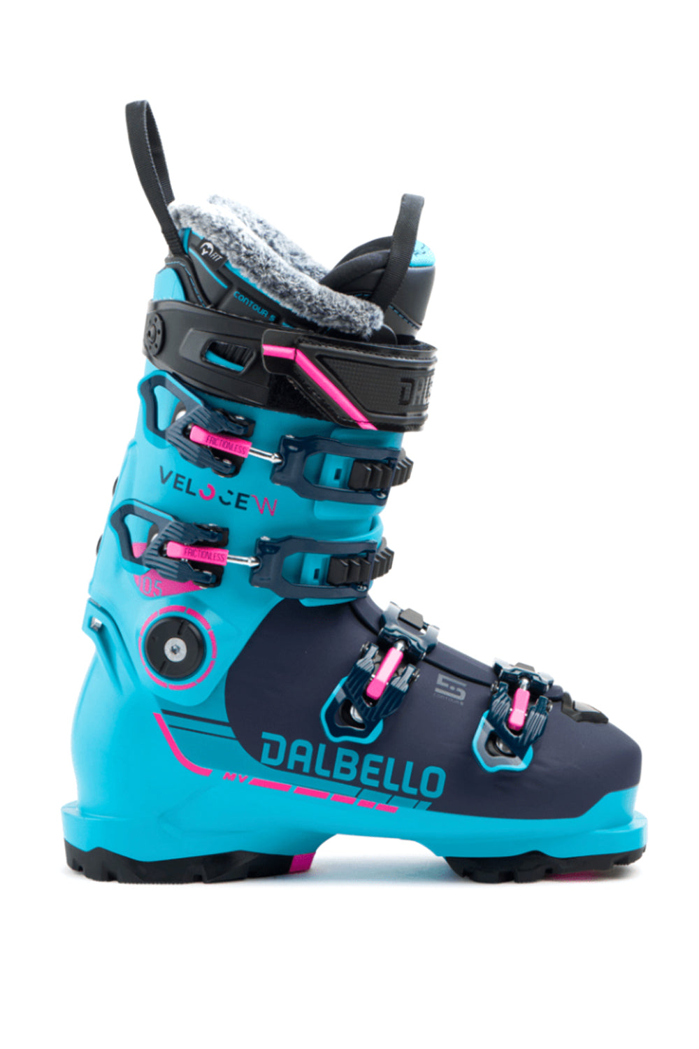 women's Dalbello Veloce 105 ski boots, teal & dark blue with bright pink accents