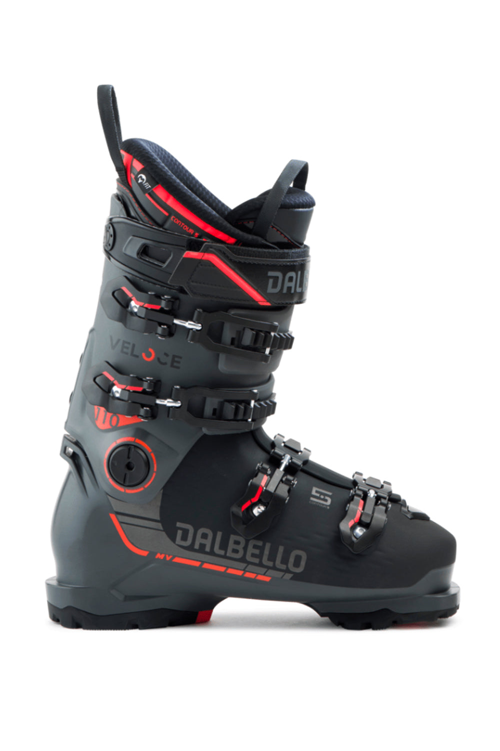 men's Dalbello Veloce 110 ski boots, black & dark gray with red accents