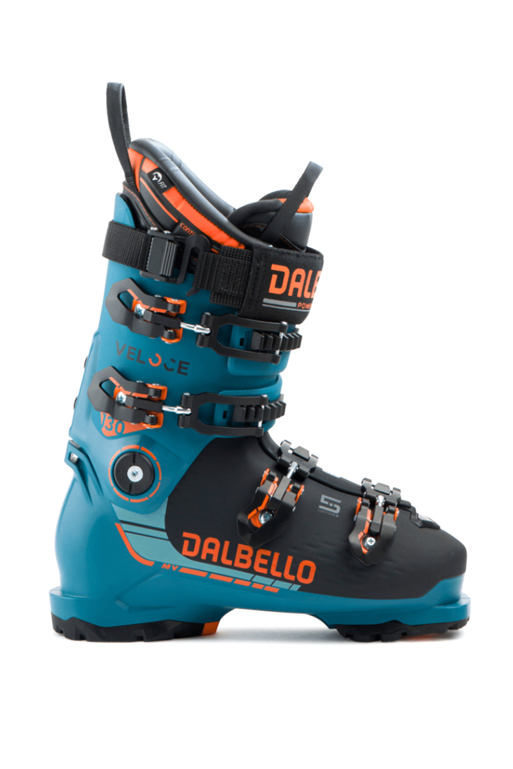 men's Dalbello Veloce 10 ski boots, dark teal & black with orange accents