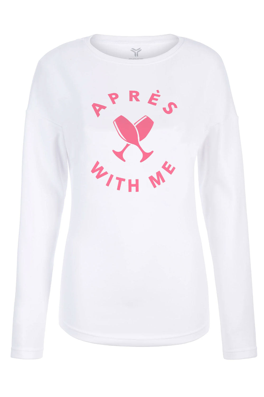 White long-sleeve shirt with pink text and graphics on a white background