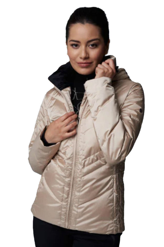 Woman wearing a beige puffer jacket on a white background