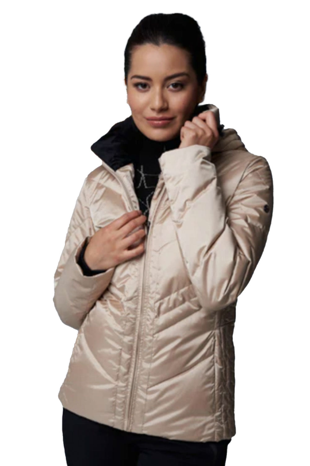 Woman wearing a beige puffer jacket on a white background