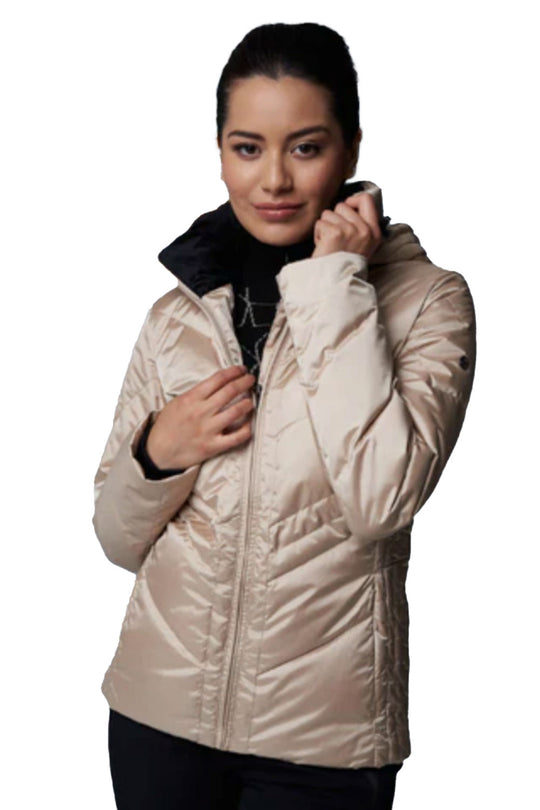 Woman wearing a beige puffer jacket on a white background