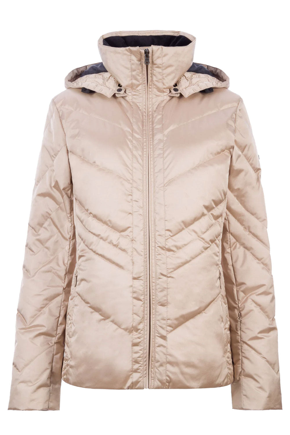 Beige quilted jacket with a hood on a white background