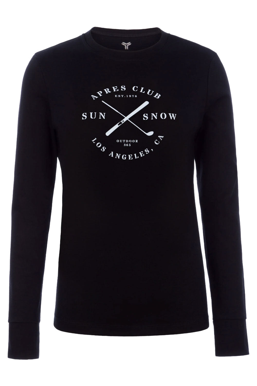 Black long-sleeve shirt with white text and graphics on a white background