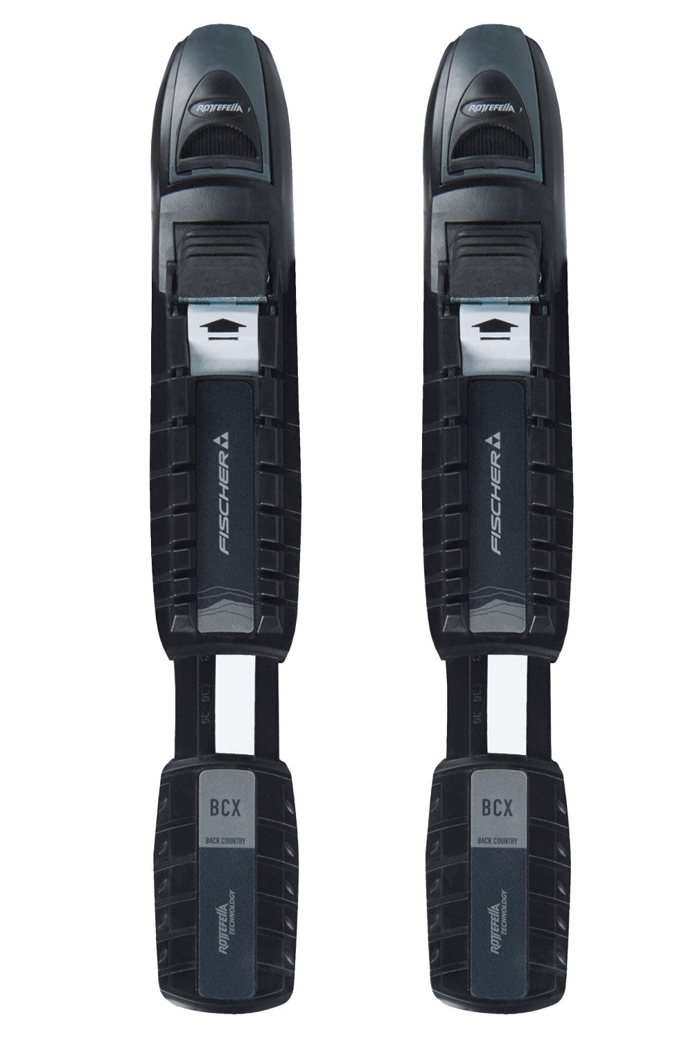 Pair of black cross country ski bindings on a white background