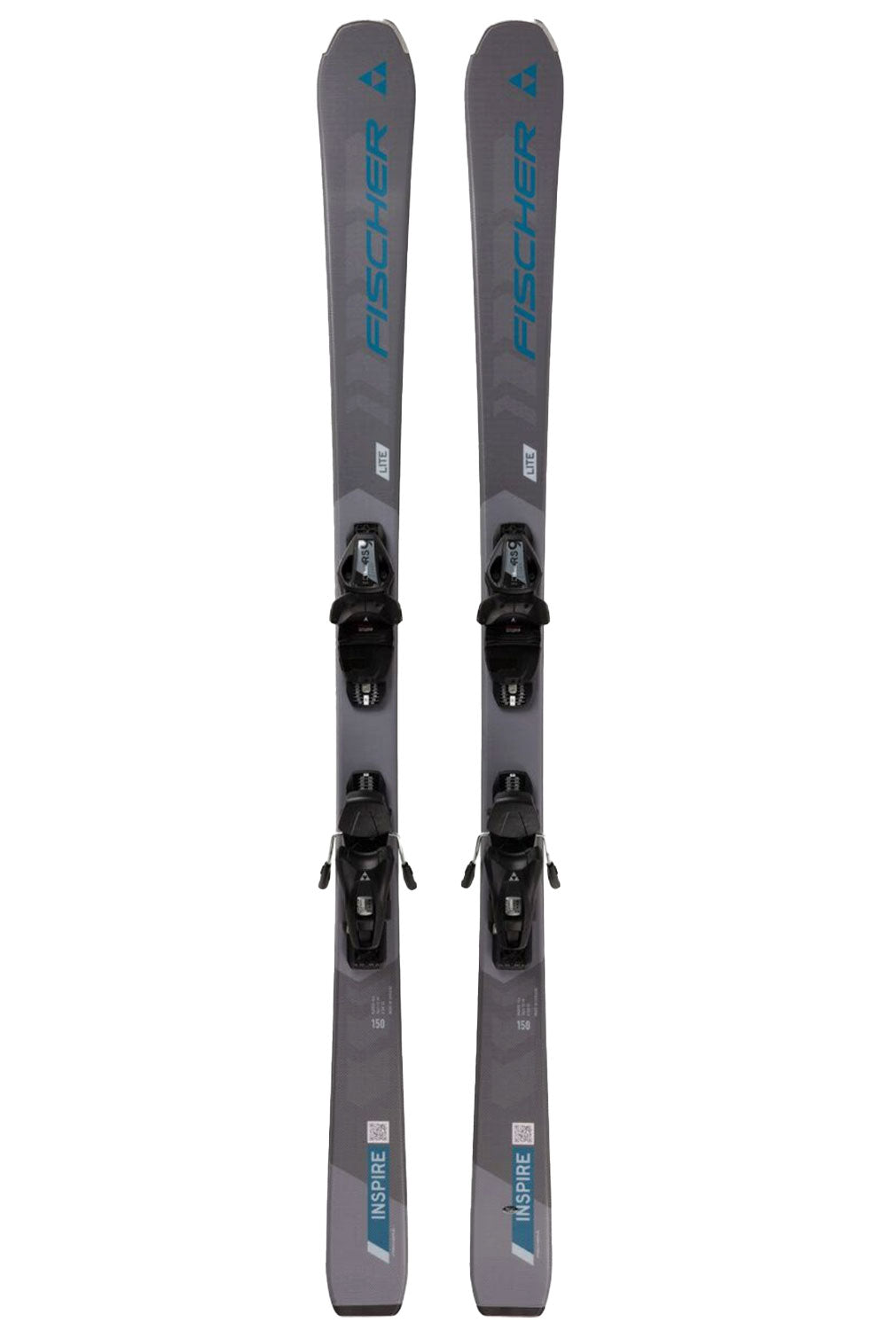 grey downhill skis with blue accents and black bindings