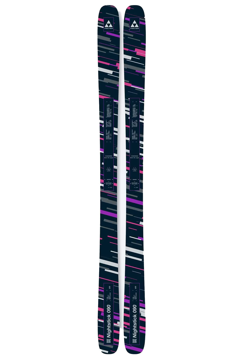 Pair of skis with a black and pink pattern on a white background