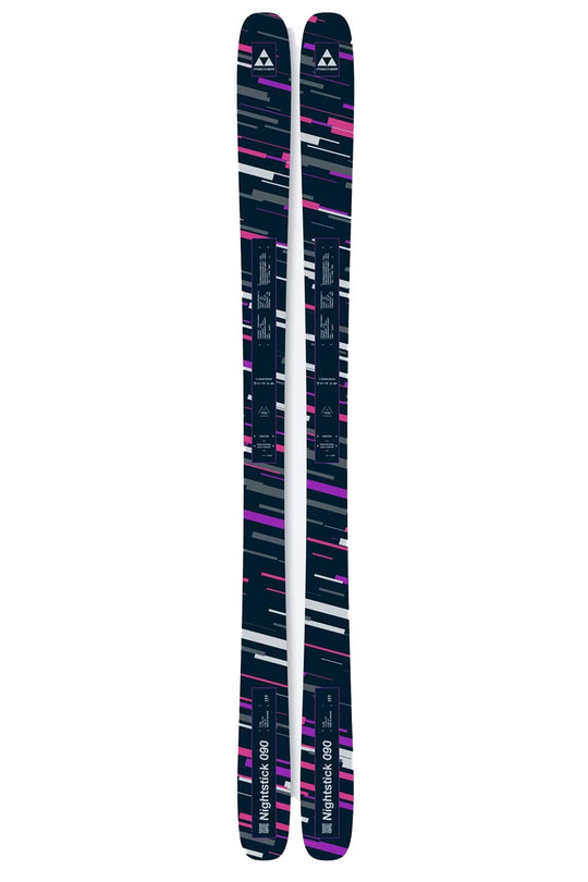 Pair of skis with a black and pink pattern on a white background