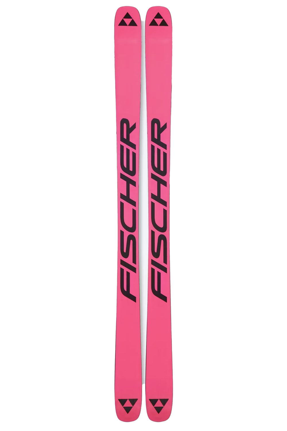 Pink  base of Fischer skis with black branding on a white background
