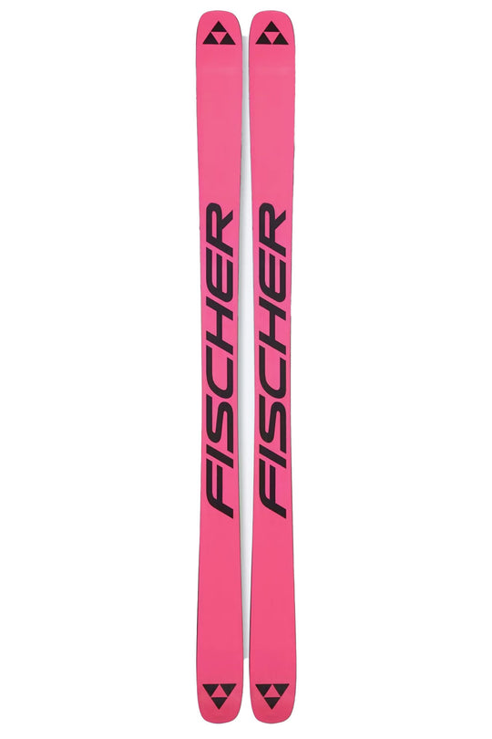 Pink  base of Fischer skis with black branding on a white background