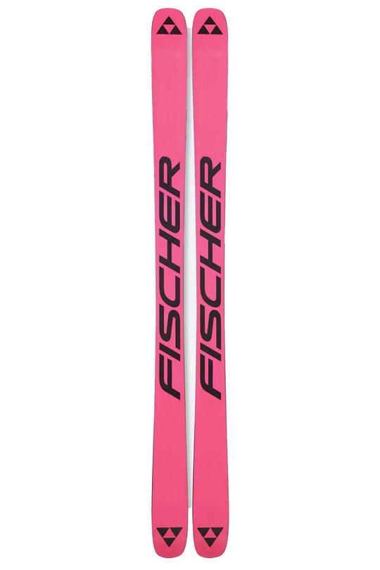 Pink  base of Fischer skis with black branding on a white background