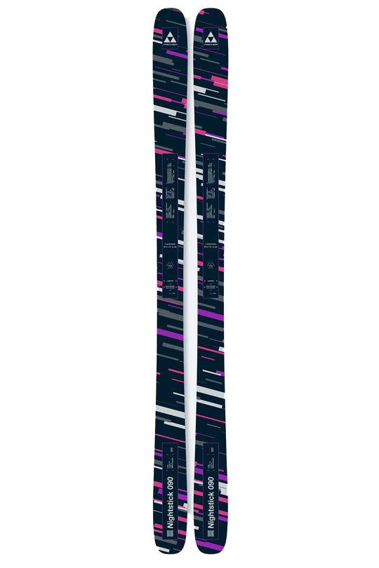 Pair of skis with a black and pink pattern on a white background