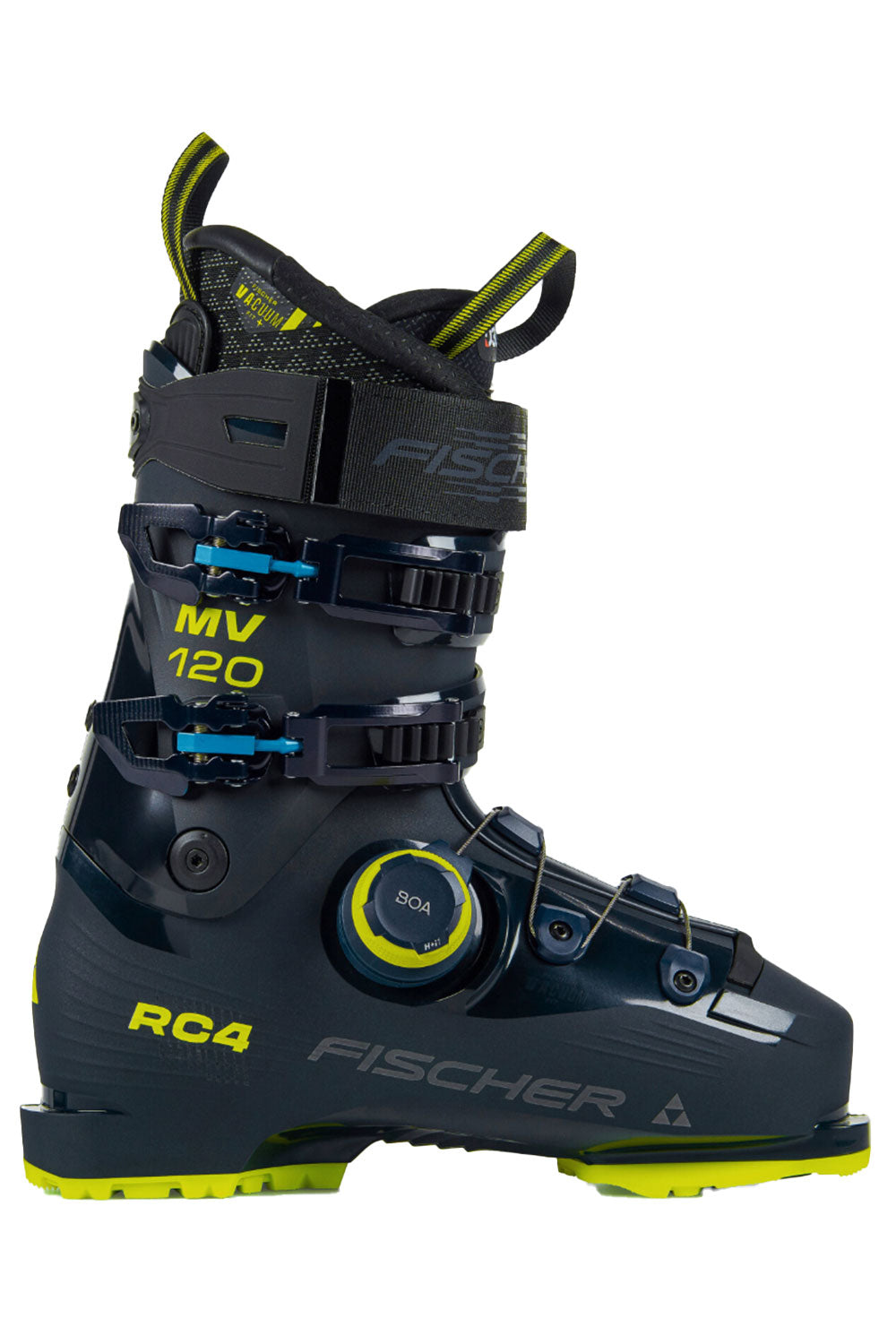 Black ski boot with yellow accents and Fischer branding on a white background