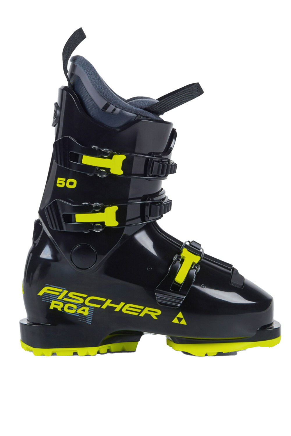 Black ski boot with yellow accents and Fischer branding on a white background