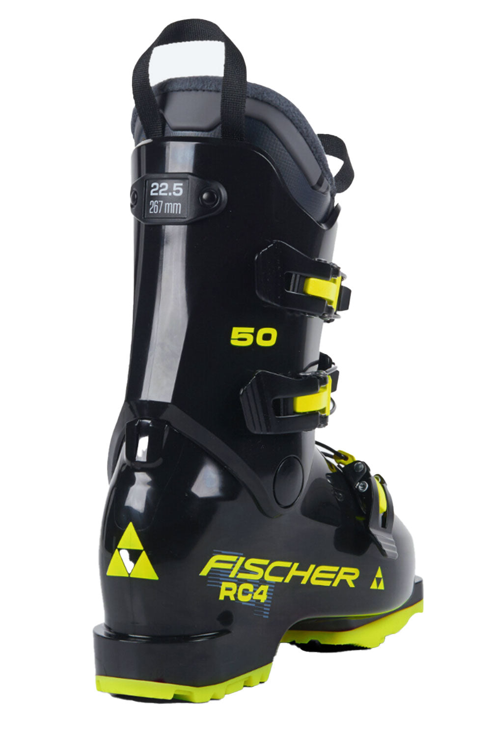 Black ski boot with yellow accents and Fischer branding on a white background