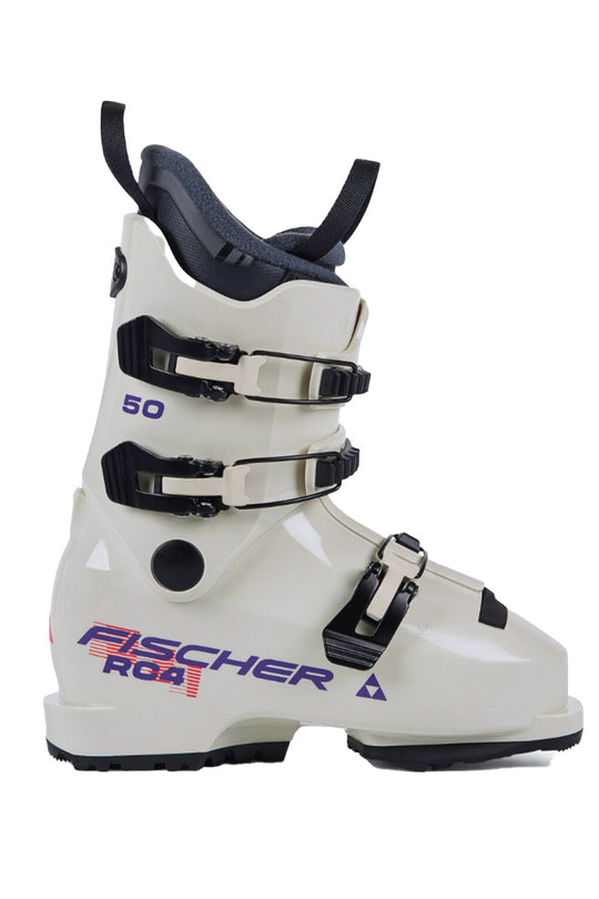 White ski boot with black accents and Fischer branding on a white background